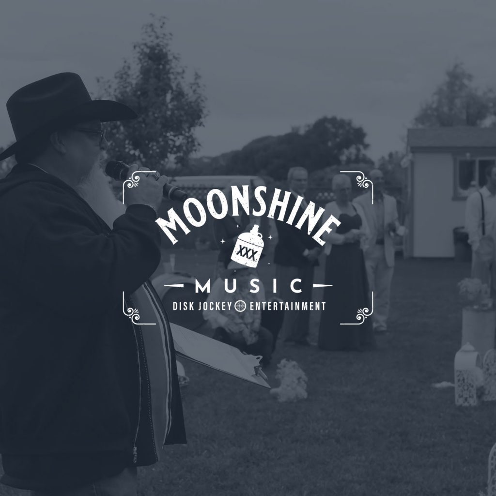 Moonshine Music Logo overlaying Dave Murphy making an announcement at a wedding.