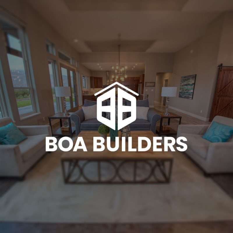 BOA Builders logo over house interior photo. BB resembles mid-century modern building.