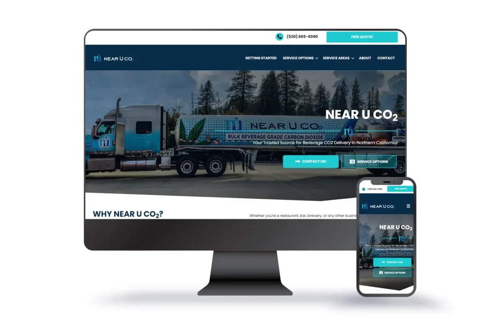 Web work mockup for Near U CO2. Their website has been screenshotted and added to a desktop monitor as well as a mobile phone to show the versatility of their new website