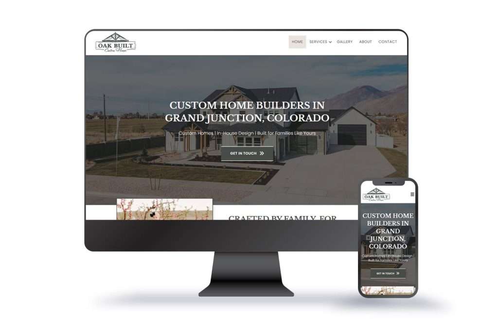 Oak Built Custom Homes website mocked onto desktop computer and mobile screen